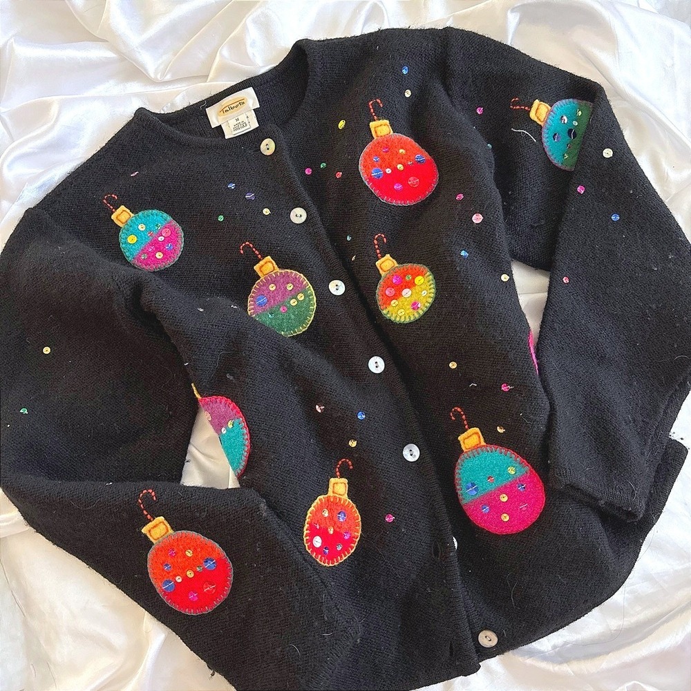 Vintage Talbots Black Wool Christmas Ornament Sequin Cardigan Sweater Womens M